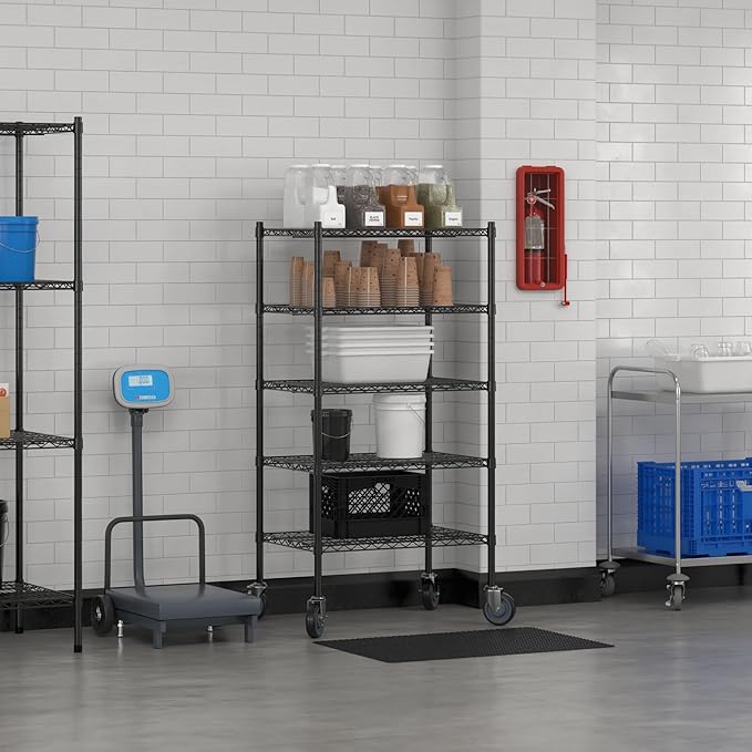 Commercial NSF Listed Black Epoxy Mobile Wire Shelving Kit 21" x 30" x 60", with 5 Shelves Perfect for Warehouse, Walk-in Refrigerator, Freezer, Grocery Store, Restaurant, Dishroom