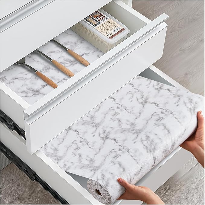 ALIUNI Drawer and Shelf Liner, Non-Slip Kitchen Cabinet Liners Non-Adhesive Thick Strong Grip Waterproof Washable Mats Protect Dresser Shelves Cupboard Bathroom Cabinets, White Marble, 18 in X 20 FT