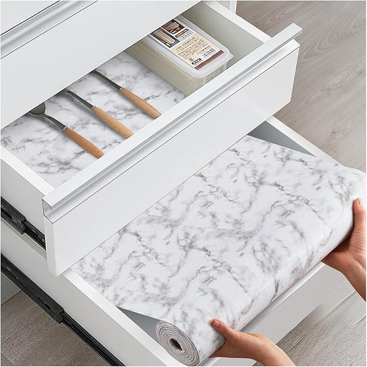 ALIUNI Drawer and Shelf Liner, Non-Slip Kitchen Cabinet Liners Non-Adhesive Thick Strong Grip Waterproof Washable Mats Protect Dresser Shelves Cupboard Bathroom Cabinets, White Marble, 12 in X 10 FT