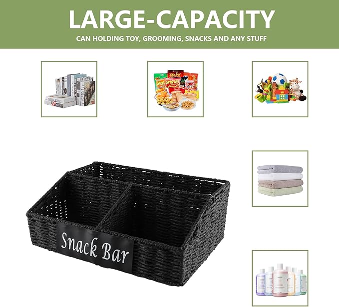 Snack Organizer for Countertop, Trapezoid 3 Compartment Snack Basket Snack Box Container , Snack Bar Organizer, Paper Rope Basket for Kitchen Pantry Organizers and Storage, Black