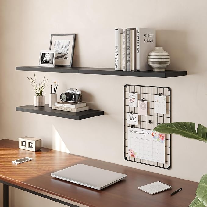 Wall Shelf Set of 3, Black Floating Shelves 24 in W x 10 in D x 1 in H, Wooden Floating Wall Shelf with Invisible Brackets for Living Room/Bedroom/Bathroom/Kitchen Storage and Decor