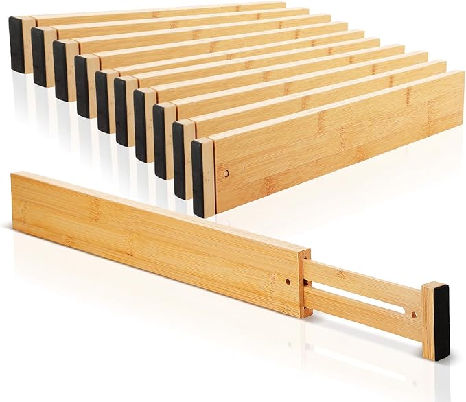 Sawysine 12 Pcs Bamboo Drawer Dividers Adjustable Drawer Organizers Spring Separators Organization Expandable Organizers for Kitchen Bedroom Bathroom Dresser Office (Natural Color,17 x 2.4 Inches)