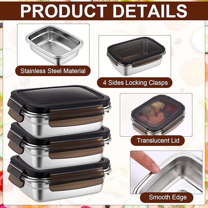 Acellegic 12 Pcs 304 Stainless Steel Food Storage Containers with Lid, Airtight Metal Food Containers Reusable Stackable Bento Meal Lunch Box Freezer/Dishwasher Safe for Kitchen Travel(12oz/ 350 ml)