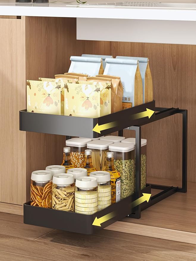 2 Tier Pull Out Cabinet Organizer with Sliding Basket Bathroom Cabinet Organizer, Bathroom Kitchen Multi-Purpose Under Sink Organizer and Storage Cabinet in Metal 1 pack