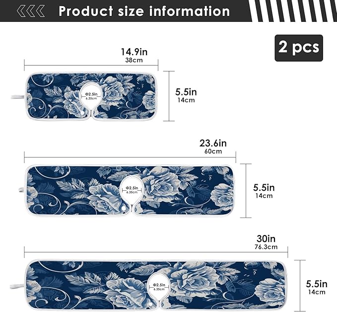 2 PCS Kitchen Sink Splash Guard 30 Inch Faucet Mat for Kitchen Sink Bathroom Sink Faucet Absorbing Drip Drain Mat Pad Microfiber Soft Washable Navy Blue Roses and Butterflies