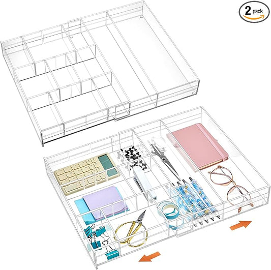 2 Pcs Acrylic Desk Drawer Organizer Maximum 11.8 x 17 x 1.9 Inch Expandable Drawer Organizer Trays with 7 Adjustable Compartments Desk Accessories for Makeup Silverware Office Bathroom