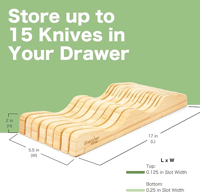 X-Large In-Drawer Bamboo Knife Block: 15 Slot (Holds 12-15 Knives) Empty Wooden Knife Holder for Kitchen Drawers - Cutlery Tray Organizer & Storage