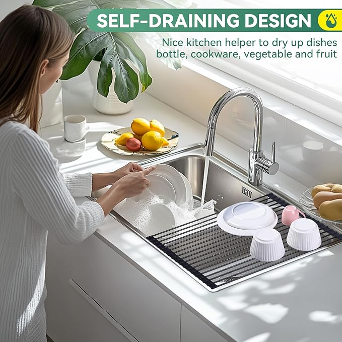 Roll Up Dish Drying Rack Over The Sink, Silicone Wrapped Stainless Steel Dish Drainer, Anti-Slip, Heat-Resistant, Multipurpose for Kitchen, 20.5”L×13”W Black
