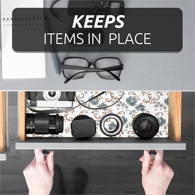 FIFTY FEET 18X96 Inch Shelf Liner for Kitchen Cabinets, PVC Drawer Liner for Dresser Non-Slip Bathroom, Non-Adhesive Cabinet Liner Washable (Black Floral)(10 Roll)