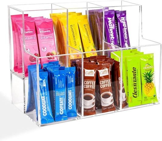 2-Tier Acrylic Drink Packet Organizer for Water Flavor & Hydration Powdered Mixes, Pantry Cabinet Kitchen Storage Holder Container (1 Pack)