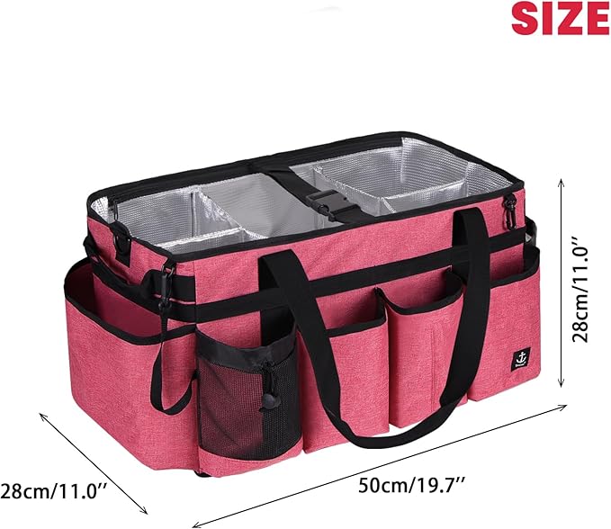 Timoxi Extra large Cleaning Caddy Bag Built-in Sturdy Support Board, Cleaning Organizer with Detachable Divider, Cleaning Supply Tote with Adjustable Shoulder Strap (Pink, 19'' x 11'' x 11'')