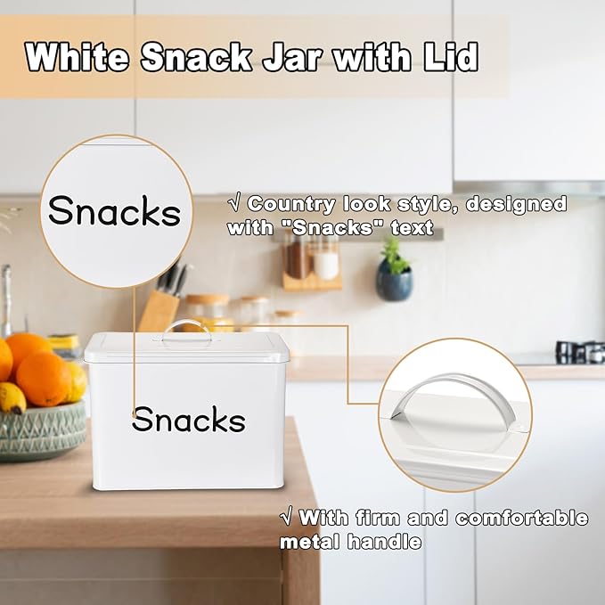 BSTKEY Snack Bin for Countertop, White Metal Snack Organizer for Pantry Kitchen, Rustic Snack Storage Container for Chips Candy Pretzels Cookies Popcorn