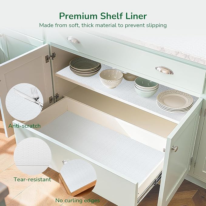 Practical White Shelf Liners for Kitchen Cabinets, Non-Adhesive Drawer Liner, Non-Slip Strong Grip Cabinet Liner Thickened Waterproof Shelf Paper for Pantry, Countertops, Organizers,12" x10FT