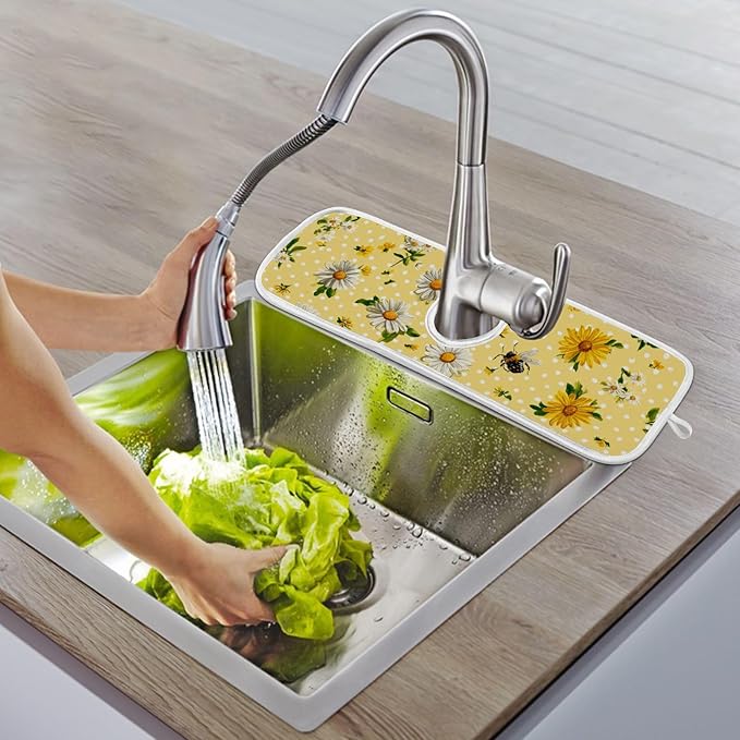 2 PCS Kitchen Sink Splash Guard 30 Inch Faucet Mat for Kitchen Sink Bathroom Sink Faucet Absorbing Drip Drain Mat Pad Microfiber Soft Washable Yellow and Green Daisy Bees