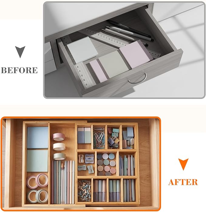 1 Pcs Bamboo Desk Drawer Organizer Wood 2 Inch Height Expandable Drawer Organizer Trays with 8 Adjustable Compartments Desk Accessories for Makeup Silverware Office Bathroom(Natural)