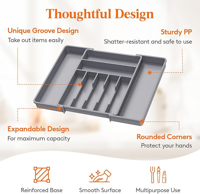 Lifewit Silverware Drawer Organizer, Expandable BPA Free Plastic Utensil Tray for Kitchen, Adjustable Flatware Cutlery Holder for Spoons Forks Knives, 13-22.3 x 16.7", Gray