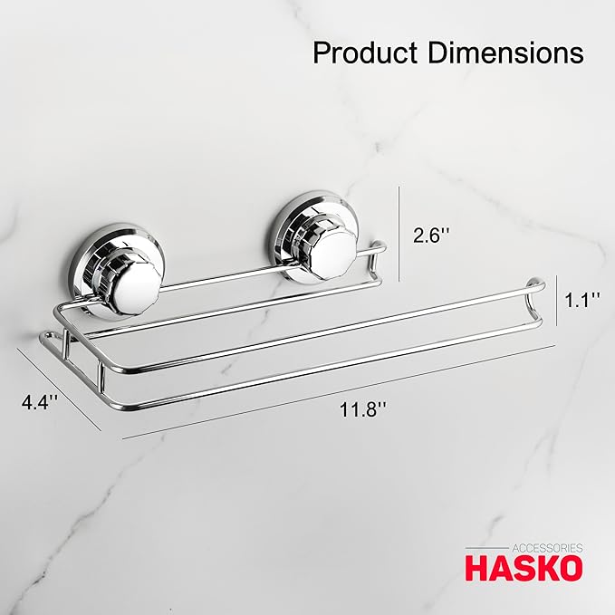 HASKO Suction Cup Paper Towel Holder, Wall Mount Metal Organizer for Bathroom & Kitchen, SUS 304 Stainless Steel Tissue Roll Hanger, Includes Optional No Drill Adhesive Mount, Silver
