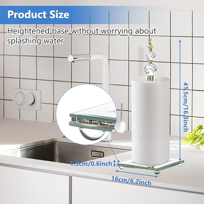 Gold Paper Towel Holder, Bling Crystal Paper Towel Roll Holder, Decorative Standing Paper Towel Holder for Kitchen Countertops Bathroom, Paper Towel Dispenser with Weighted Base (Square/Gold-A)