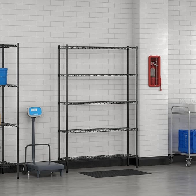 Commercial NSF Listed Black Epoxy Stationary Wire Shelving Kit 12" x 48" x 74", with 5 Shelves Perfect for Warehouse, Walk-in Refrigerator, Freezer, Grocery Store, Restaurant, Dishroom