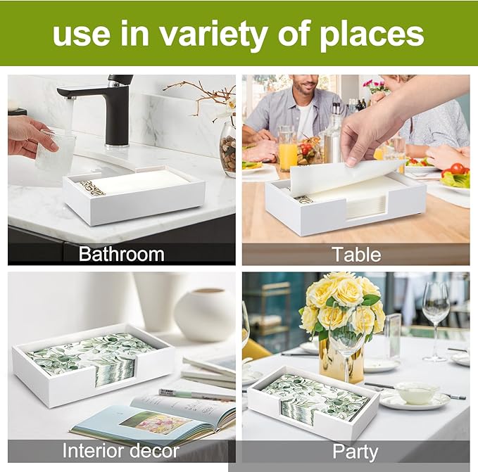 Wooden Napkin Holder Guest Towels Holder Flat Bathroom Napkin Holder Caddy Paper Hand Towel Tray for Table Countertop Towel Holder Baskets White Wood Modern Napkins Holder Bathroom Accessories