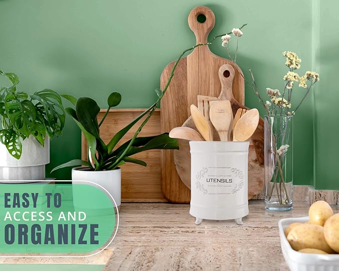 Comfify White Ceramic Utensil Holder – Vintage Style Kitchen Caddy – Shabby Chic Countertop Organizer – Rustic French Country Crock for Cooking Enthusiasts