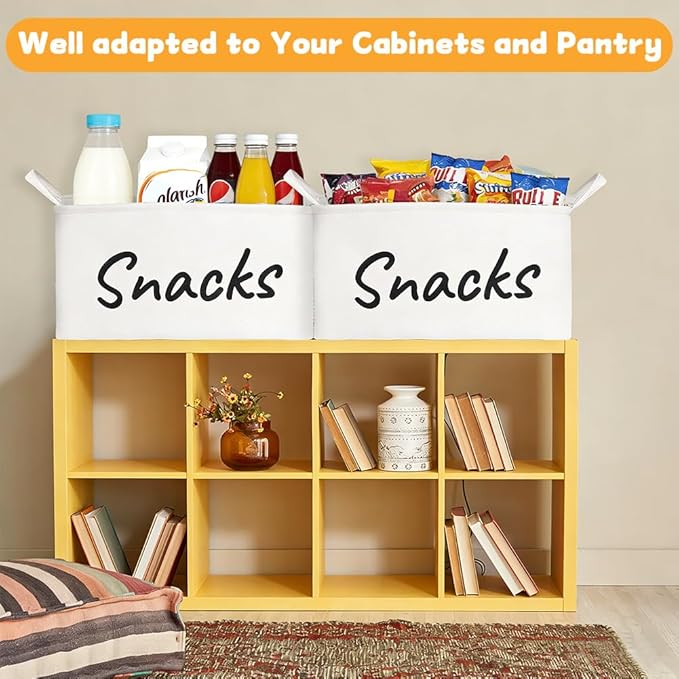 Snack Organizer Basket for Home Office: Snack Bin for Pantry (2 White Baskets)