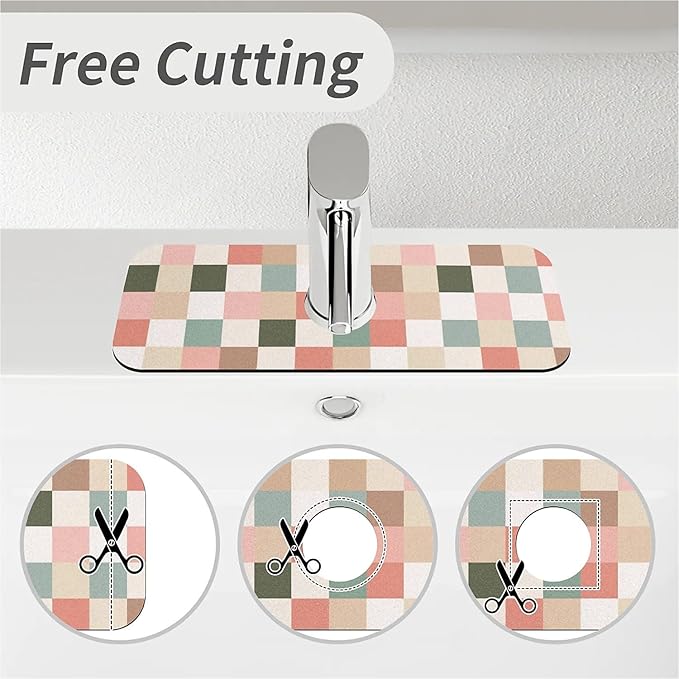 Kitchen Sink Splash Guard，Beige pink green checkered Faucet Mat Sink Gadgets-Super Absorbent Fast Drying Mat Drip Catcher for Kitchen, Bathroom,Sink Mat, Dish Drying Mat, Bathroom(15" X 5.5" )