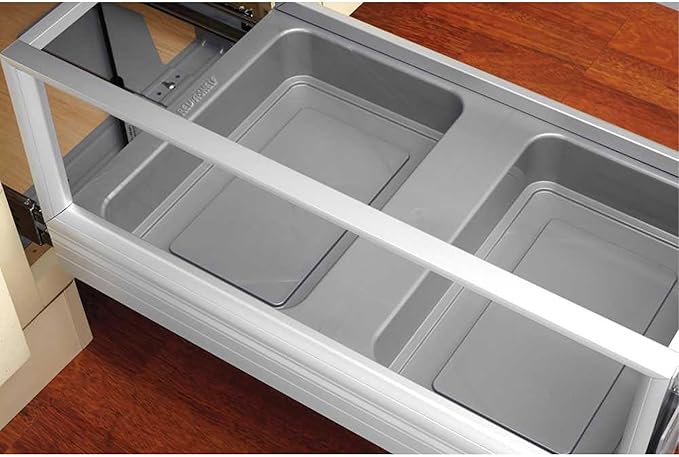 Rev-A-Shelf Double 27 Quart Pull Out Trash Can for Base Kitchen Cabinets, Storage Garage Bin on Wire Basket with Soft Close, Silver, 5149-1527DM-217