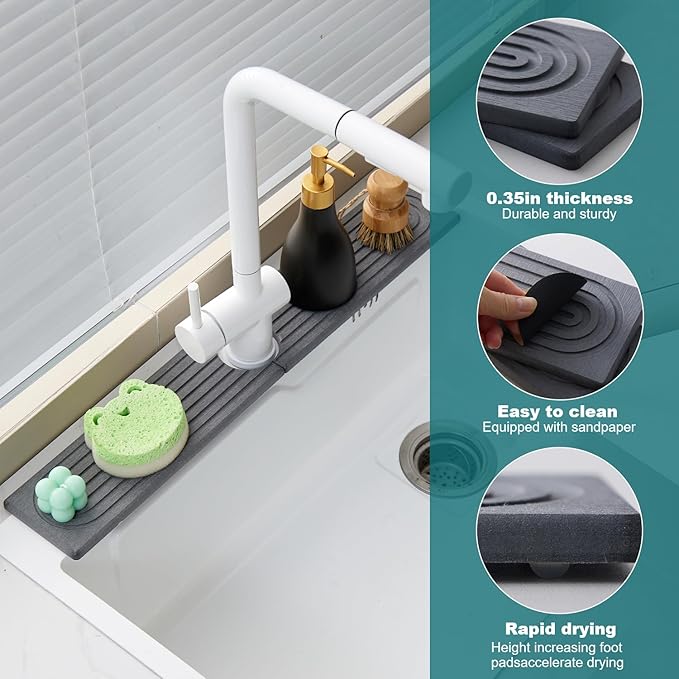 ODE TO ORDER 23.6 Inch Water-Absorbing Stone Faucet Mat for Kitchen Sink Bathroom Counter，Dark Grey Diatomite Drying Stone Mat, Sink Stone Tray Protector,Prevent Moisture Sink Splash Guard