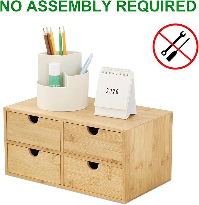 Wisuce Bamboo Desk Organizer - Mini Desktop Drawer Tabletop Storage Organization Box for Office Home Toiletries Supplies, No Assembly Required (4 Drawer)