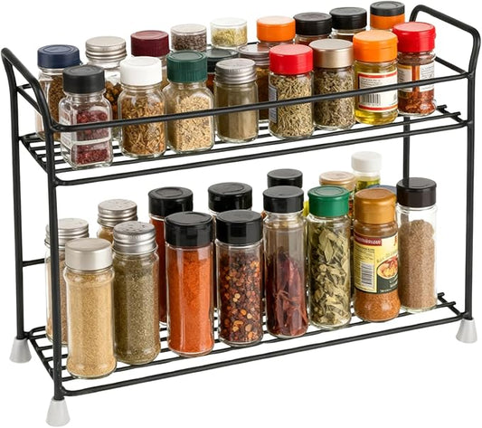 2 Tier Spice Rack Organizer for Countertop Sturdy Metal Standing Spice Storage Shelf Rack Seasoning Organizer Holder for Home Kitchen Cabinet Bathroom Bedroom Pantry Vanity Black