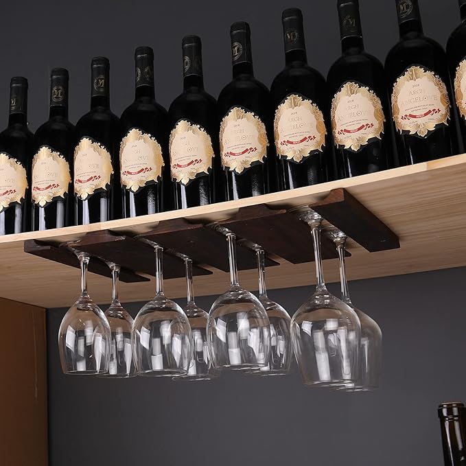 Wine glass holder-a wooden wine glass rack and goblet storage rack installed under the cabinet or countertop (Retro color)