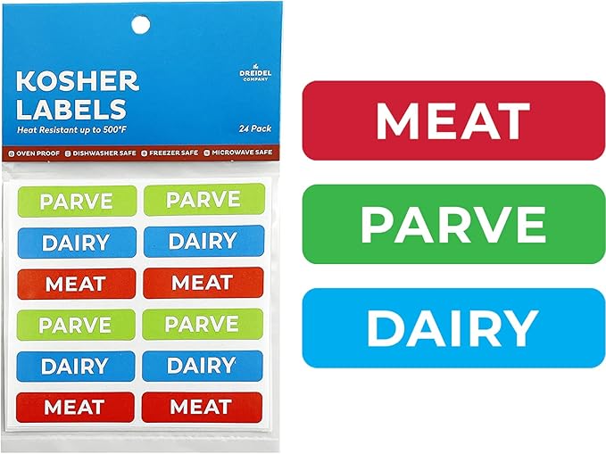 Kosher Sticker Labels, (24 Pack) 8 Blue Dairy, 8 Red Meat, 8 Green Parve Stickers, Ovenproof up to 500°, Freezable, Microwavable, Dishwasher Safe, English, Color Coded Kitchen Tools (Rectangle)