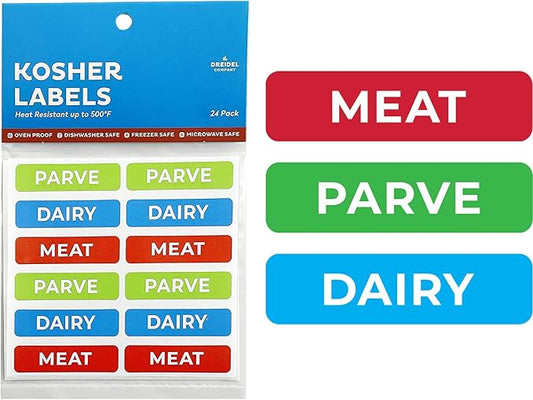 Kosher Sticker Labels, (24 Pack) 8 Blue Dairy, 8 Red Meat, 8 Green Parve Stickers, Ovenproof up to 500°, Freezable, Microwavable, Dishwasher Safe, English, Color Coded Kitchen Tools (Rectangle)