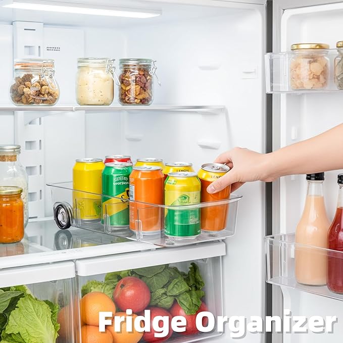 YIMITEE 2 Pack Refrigerator Organizer Bin with Wheels, Roll Out Pantry Storage with Dividers, Clear Plastic Refrigerator Drawer, Upgrade Thick Fridge Caddy for Under Sink, Kitchen Organization