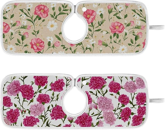 2 PCS Kitchen Sink Splash Guard 14.9 Inch Faucet Mat for Kitchen Sink Bathroom Sink Faucet Absorbing Drip Drain Mat Pad Microfiber Soft Washable Beige and Pink Carnation