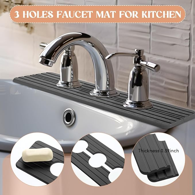 Teenyyou 3 Hole Gray Faucet Mat for Kitchen Sink 16.1" x 5" Kitchen Faucet Absorbent Mat Diatomite Splash Guard for Sink Quick Drying Stone Drip Catcher for Bathroom Counter