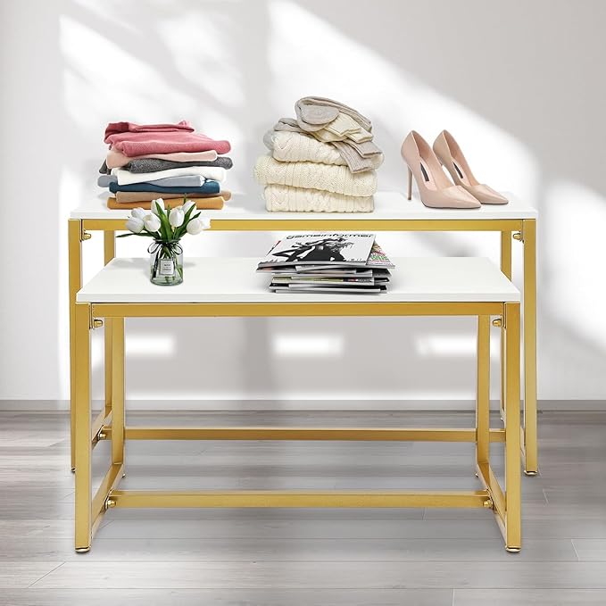 Gold 2-Piece Set Retail Display Tables, 31+40IN Width Modern Nesting Display Tables - Metal Display Riser Shelf for Shoes, Handbags, Home, Clothing Shops & Retail Stores -110lbs Load Capacity