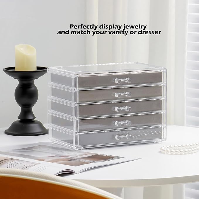 Jewelry Organizer with 5 Drawers Clear Acrylic Earring Display Case Velvet Jewelry Storage Box Display Holder for Earring Ring Bracelet Necklace (Gray, 90 Grids)
