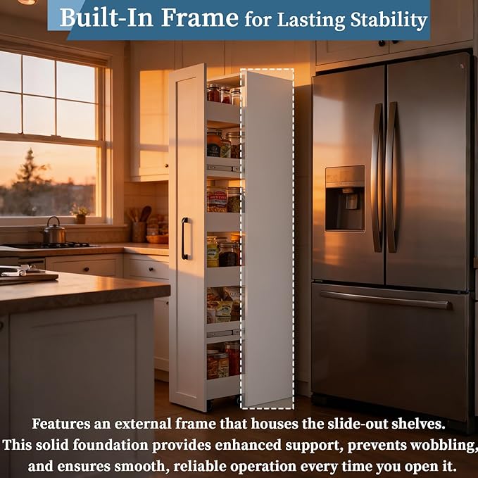 Tall Slim Rolling Storage Cart on Wheels 6-Tier Next to Fridge 11.81 inch Wide Narrow Pull-out Skinny Spice Rack Side of Refrigerator Slide-out Shelf Pantry Cabinet for Kitchen, Laundry Room White