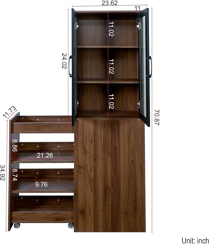 Walnut Tall Storage Cabinet with Glass Doors and Rolling Cart, 71” Wooden Pantry Cabinet with 4-Tier Pull-Out Shelf, Modern Display Bookcase for Kitchen, Bathroom, Study, Living Room
