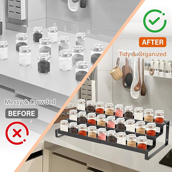 3-Tier Spice Rack Organizer for Cabinet,14.5"-26" Expandable Spice Organize Shelf,Carbon Steel Display Shelf for Jars and Bottles, Seasoning Organizer for Kitchen Pantry Countertop