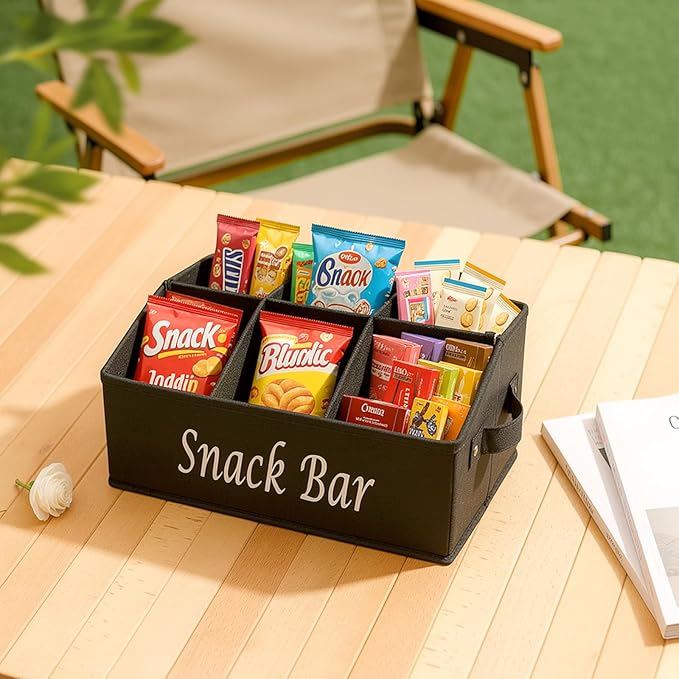 Snack Organizer for Countertop, Large Snack Bar Station with Handles, 6 Compartment Snack Bar Organizer for Pantry, Cabinet, Kitchen, Candy, Chips