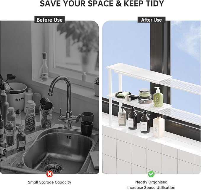 Expandable Window Shelf for Plants Kitchen Sink Organizer Stackable Narrow Shelves Kitchen Countertop Holder Mesh Design (1, White)