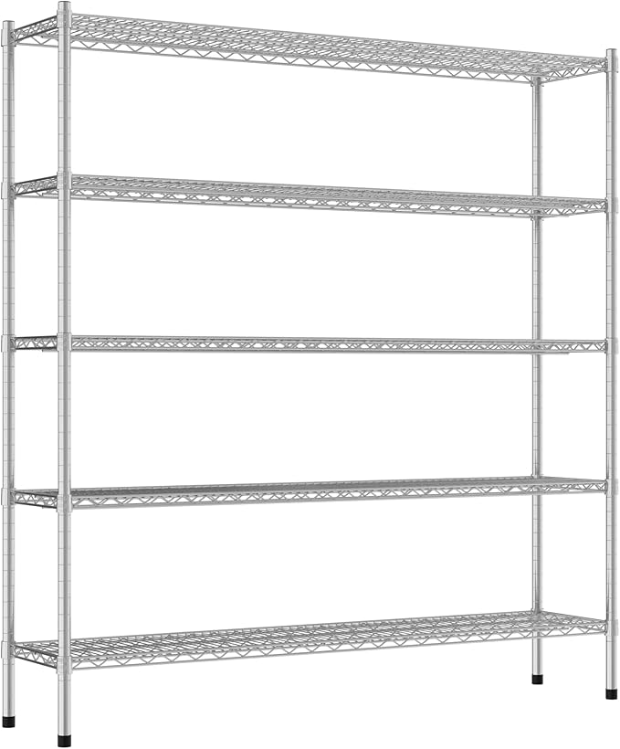 Commercial NSF Listed Chrome Stationary Wire Shelving Kit 14" x 60" x 64", with 5 Shelves Perfect for Warehouse, Walk-in Refrigerator, Freezer, Grocery Store, Restaurant, Dishroom