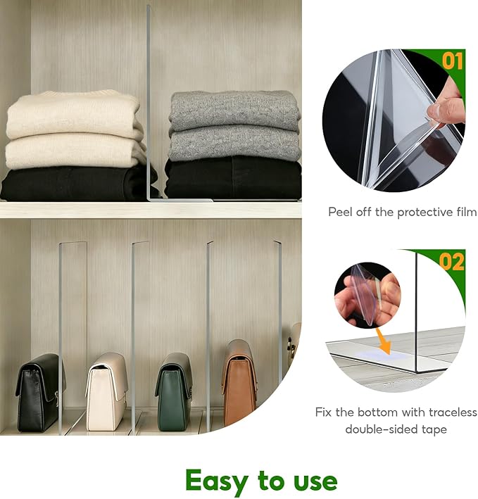 Upgraded and Thickened Closet Shelf Organizers and Storage Purse Organizer for Closet 6-Pack Clear Acrylic Shelf Dividers for Clutches Clothes Towel Adjustable Space