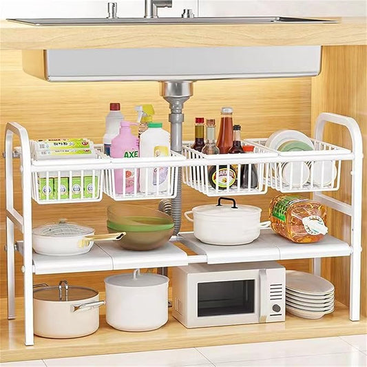Under Sink Organizers, 2 Tier Stretchable Cabinet Shelf Organizer with 4 Removable Panels and 4 Under Shelf Basket for Under Bathroom Storage,Under Cabinet Shelves,kitchen Sink Storage Rack (white)
