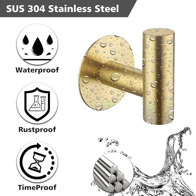 Bntuk Adhesive Hooks Towel Hooks for Bathroom, Stainless Steel Waterproof Shower Hook Towels Holders, Coat Hook for Hanging Clothes, Wall Hooks Stick on Bathroom or Kitchen - 2 Pack, Gold