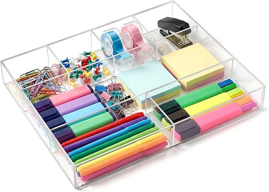 Clear Acrylic Desk Drawer Organizer Storage Tray Organizer for Pens, Stationery, Desktop, Office, Bathroom, Kitchen, Makeup Supplies(7 Compartments)