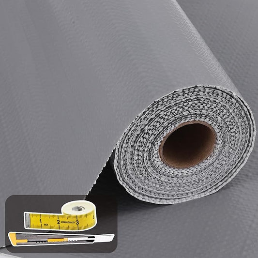 Shelf Liners for Kitchen Cabinets 12in x 10FT Non Adhesive Drawer Liner Grey Thickened Shelf Liner Paper Strong Non-Slip Easy to Clean for Tool Box Refrigerator with Knife and Tape Measure